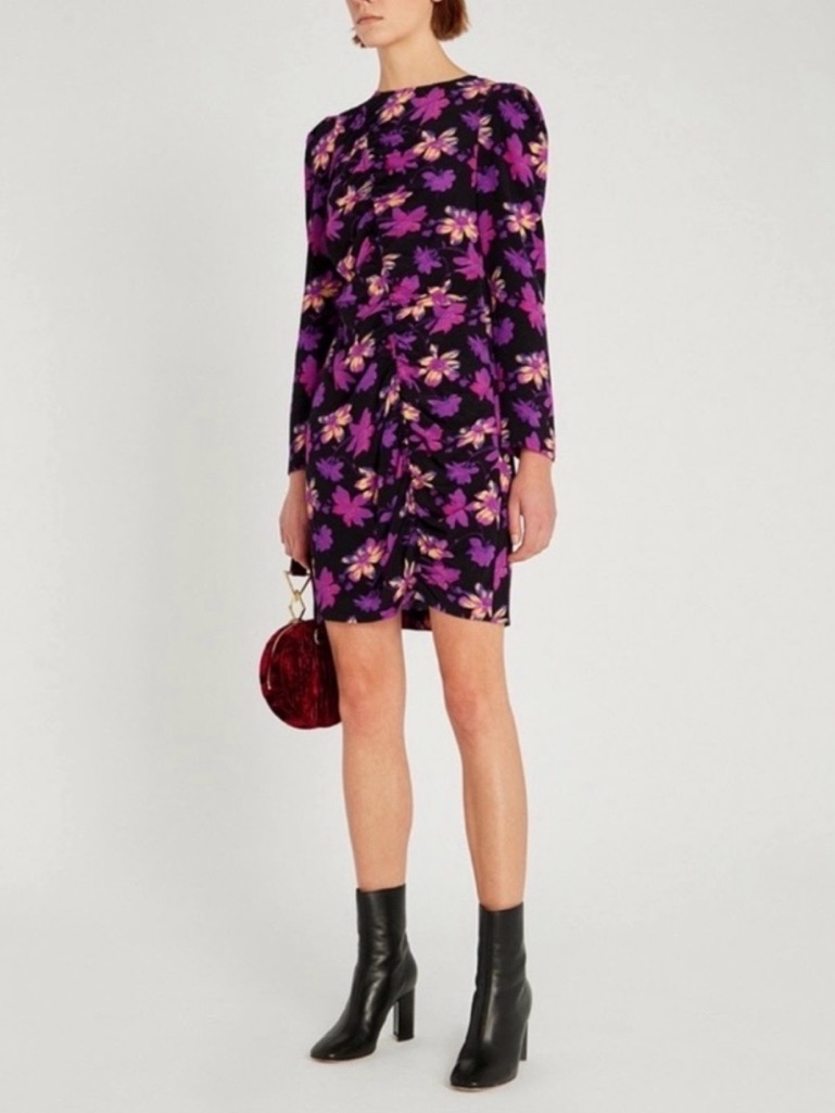 Maje Rosamar Black Purple Yellow Floral Long-Sleeve Mini Dress Sz 1/Small
